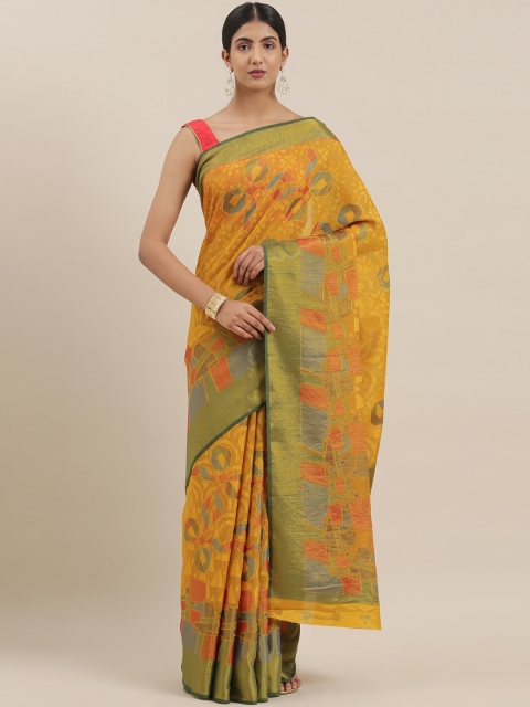 

The Chennai Silks Mustard Yellow & Green Poly Silk Woven Design Bhagalpuri Saree