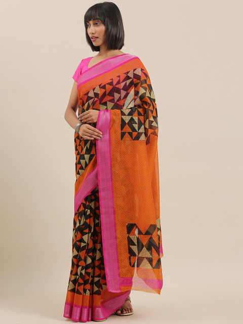 

The Chennai Silks Classicate Black & Orange Poly Silk Printed Bhagalpuri Saree