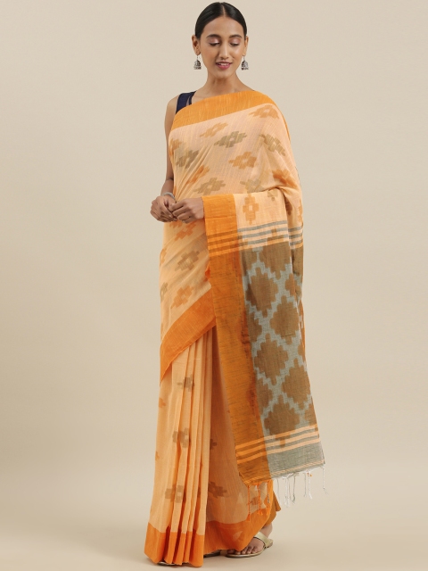 

The Chennai Silks Classicate Peach-Coloured & Olive Green Cotton Blend Printed Bagh Saree