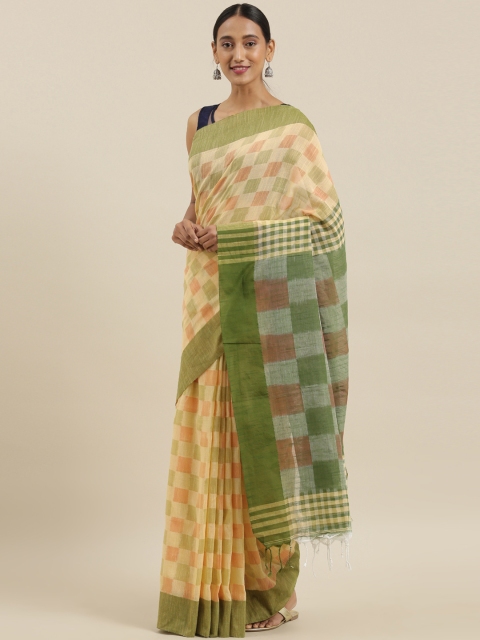 

The Chennai Silks Classicate Cream-Coloured & Green Cotton Blend Checked Bagh Saree