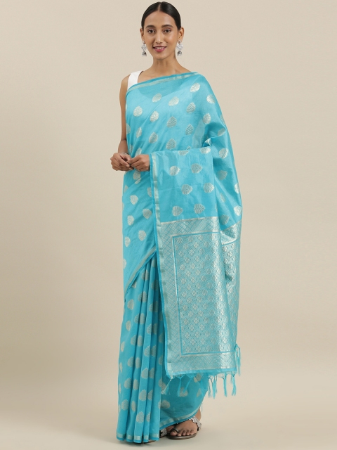 

The Chennai Silks Classicate Blue & Gold-Toned Viscose Rayon Woven Design Chanderi Saree