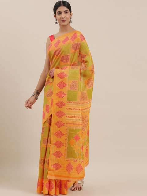 

The Chennai Silks Orange & Green Poly Silk Printed Bhagalpuri Saree