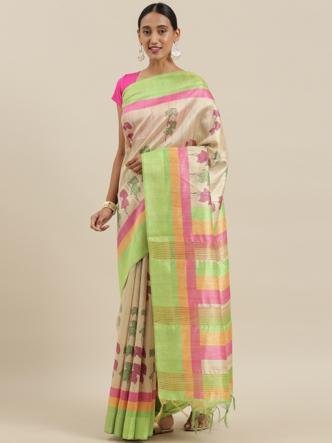

The Chennai Silks Classicate Beige & Pink Viscose Rayon Floral Printed Chanderi Saree