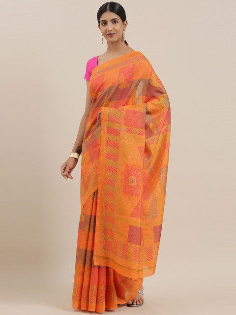 

The Chennai Silks Classicate Orange & Pink Poly Silk Printed Bhagalpuri Saree