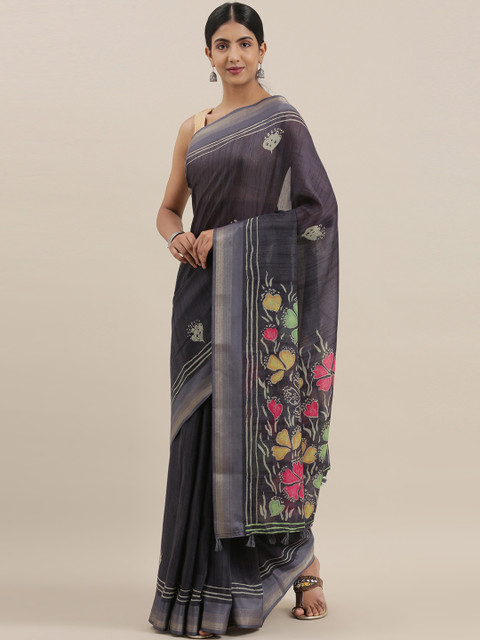 

The Chennai Silks Classicate Grey Poly Silk Printed Bhagalpuri Saree