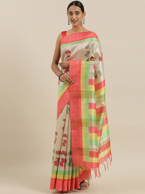 

The Chennai Silks Classicate Beige & Red Viscose Rayon Printed Chanderi Saree