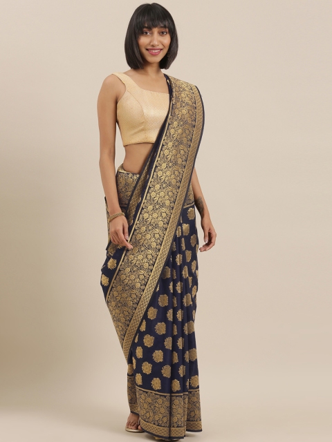 

The Chennai Silks Classicate Navy Blue & Gold-Toned Polycotton Woven Design Saree