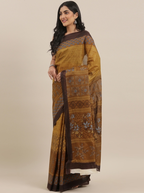 

The Chennai Silks Classicate Mustard Yellow & Brown Pure Cotton Printed Saree