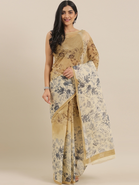 

The Chennai Silks Classicate Beige & Navy Blue Pure Cotton Floral Printed Saree