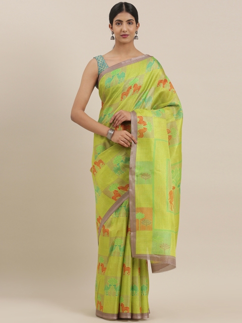

The Chennai Silks Green & Orange Poly Silk Printed Bhagalpuri Saree