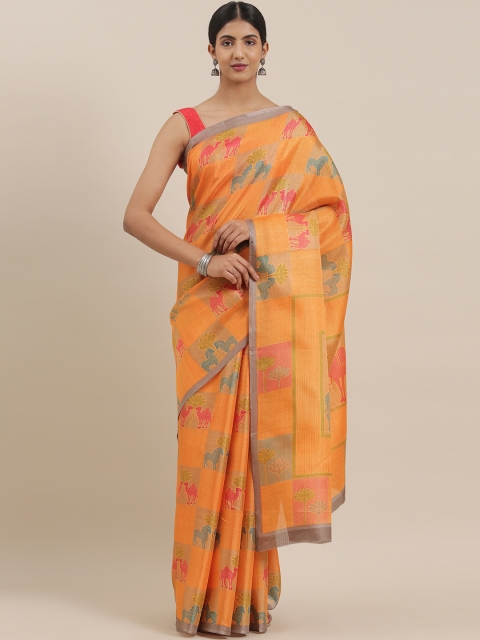 

The Chennai Silks Classicate Orange & Green Poly Silk Printed Bhagalpuri Saree