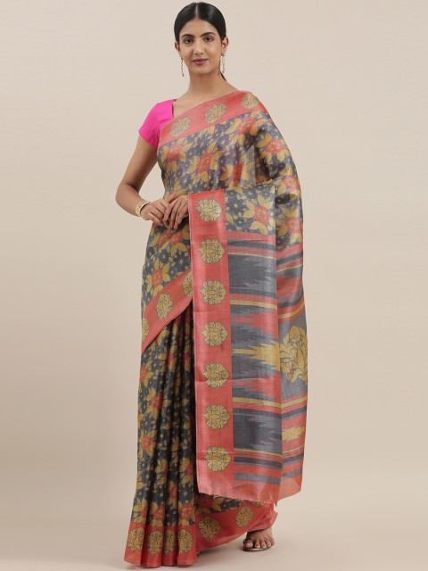 

The Chennai Silks Classicate Grey & Golden Poly Silk Printed Bhagalpuri Saree