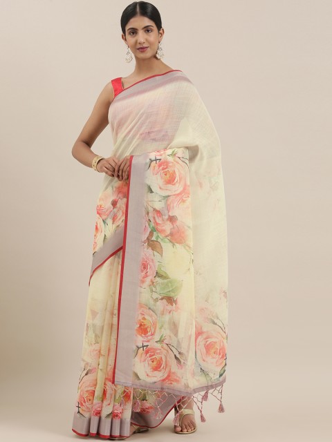 

The Chennai Silks Classicate Yellow & Green Linen Blend Printed Saree