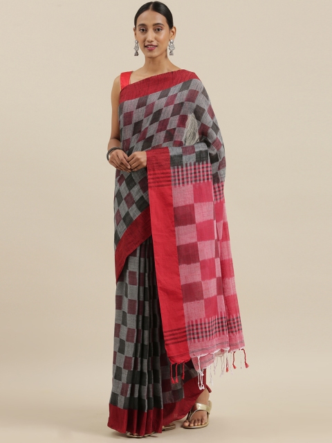 

The Chennai Silks Classicate Grey & Black Cotton Blend Checked Bagh Saree