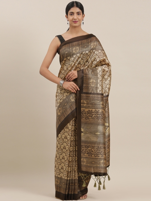 

The Chennai Silks Classicate Beige & Olive Green Viscose Rayon Printed Chanderi Saree