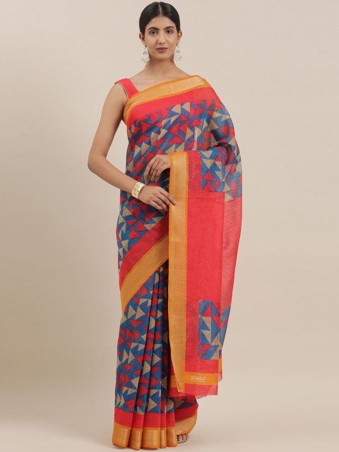 

The Chennai Silks Classicate Blue & Red Poly Silk Printed Bhagalpuri Saree