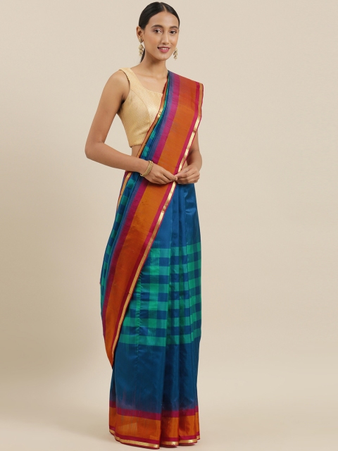 

The Chennai Silks Classicate Blue & Green Pure Silk Checked Kanjeevaram Saree