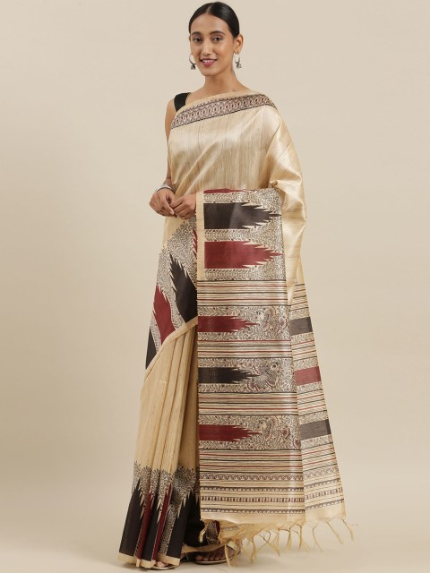 

The Chennai Silks Classicate Beige Viscose Rayon Solid Chanderi Saree