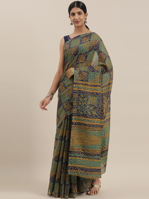 

The Chennai Silks Classicate Navy Blue & Olive Green Poly Silk Printed Bhagalpuri Saree