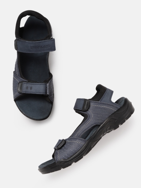 

Woodland Men Navy Blue Brand Logo Textured Leather Sports Sandals