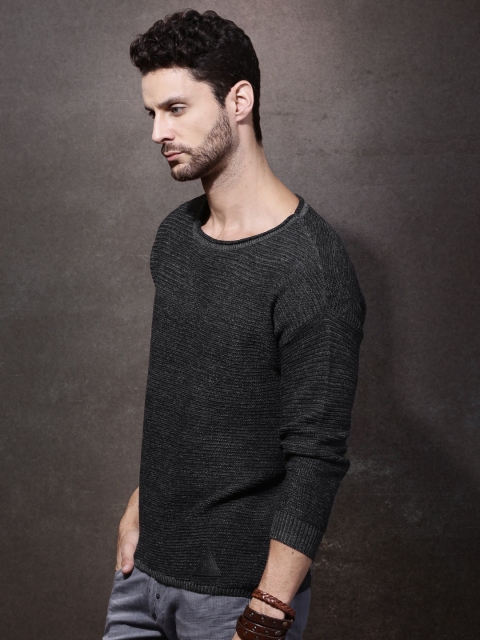 

Roadster Men Charcoal Grey Self-Design Sweater