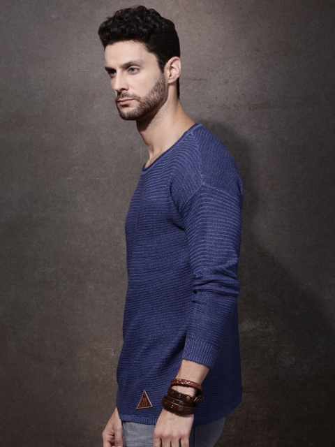 

Roadster Men Blue Self-Design Sweater