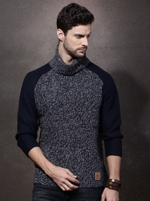 

RDSTR Men Navy Self-Design Sweater, Navy blue