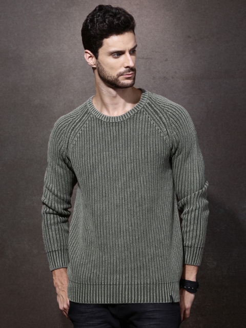 

RDSTR Men Olive Green Self-Design Sweater