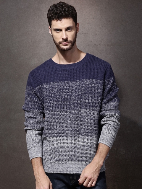 

Roadster Men Blue Colourblocked Sweater