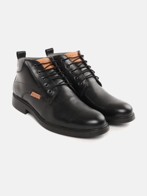 

Woodland Men Black Solid Mid-Top Leather Flat Boots