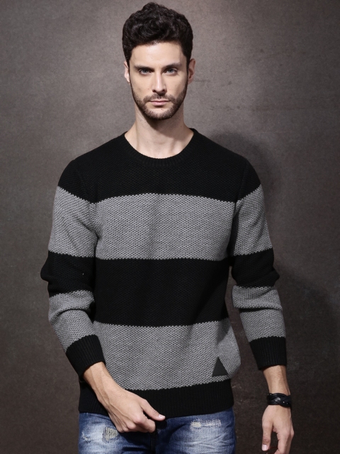 

Roadster Men Black & Grey Striped Sweater