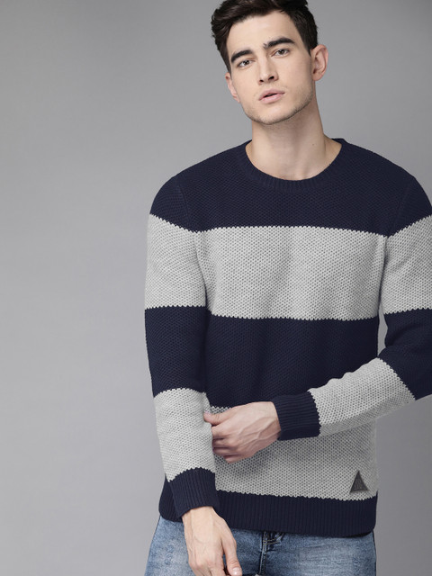 

Roadster Men Grey & Navy Blue Striped Pullover Sweater