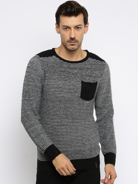 

Roadster Men Black Striped Sweater