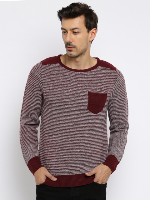 

Roadster Men Maroon Striped Sweater