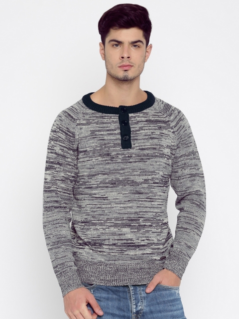 

Roadster Men Grey & Navy Blue Self-Design Sweater