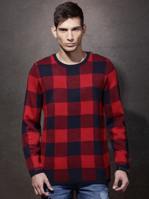 

RDSTR Men Red & Navy Checked Sweater
