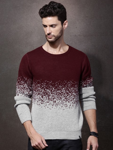 

Roadster Men Maroon & Grey Colourblocked Sweater