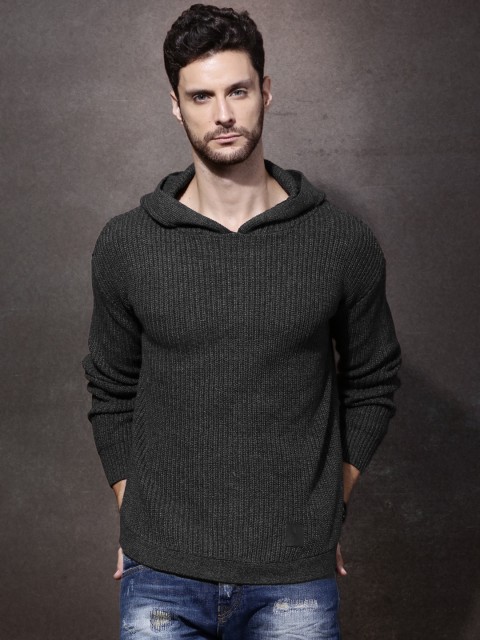 

Roadster Men Charcoal Grey Solid Hooded Sweater