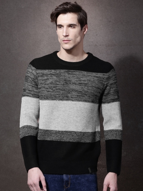 

Roadster Men Black & Grey Colourblock Sweater