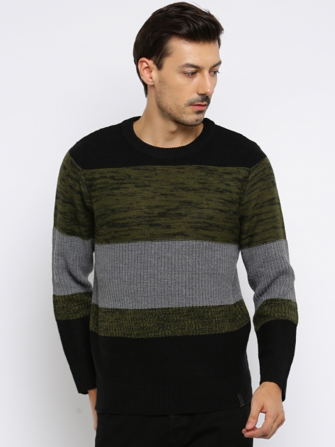 

Roadster Men Black & Green Colourblock Sweater