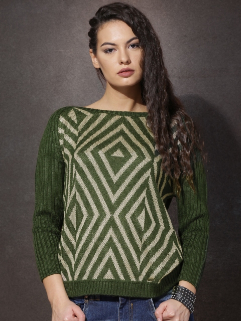 

Roadster Women Beige & Green Patterned Sweater