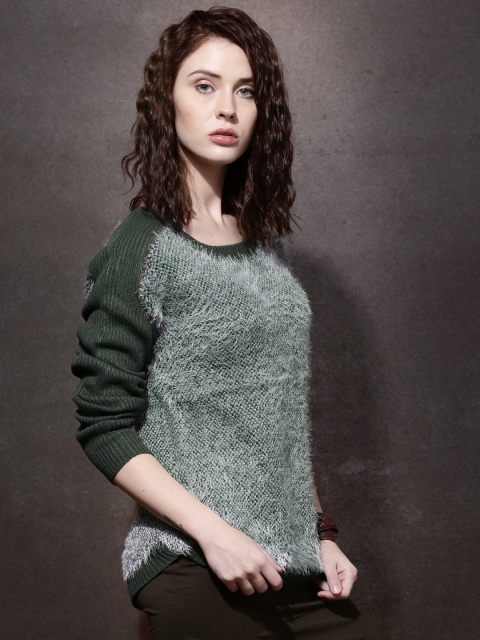 

Roadster Women Green & Grey Fuzzy Sweater