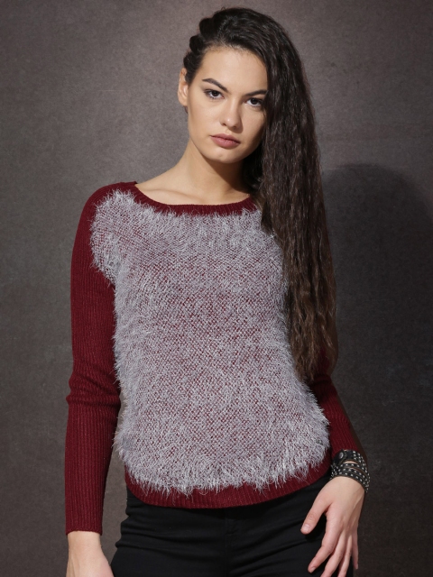 

Roadster Women Light Grey & Maroon Fuzzy Sweater