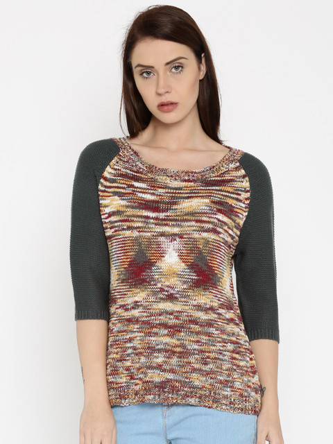 

RDSTR Women Charcoal Grey & Brown Self-Design Sweater