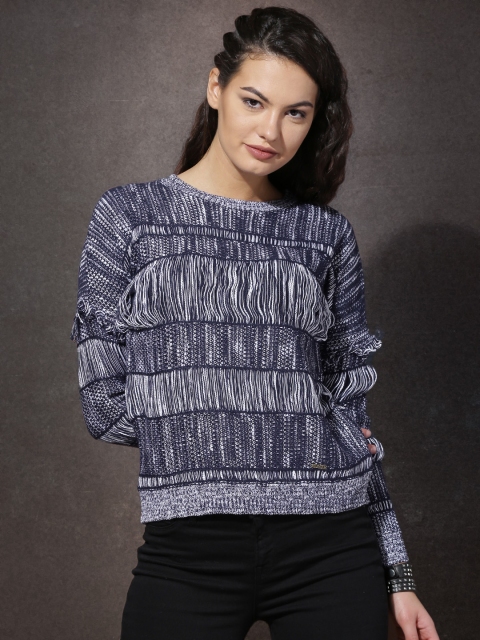 

Roadster Women Navy Blue & White Patterned Sweater