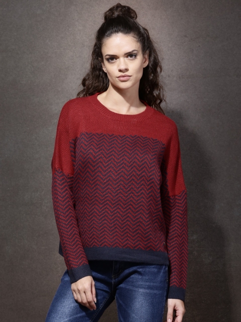 

Roadster Women Red & Navy Self-Design Sweater