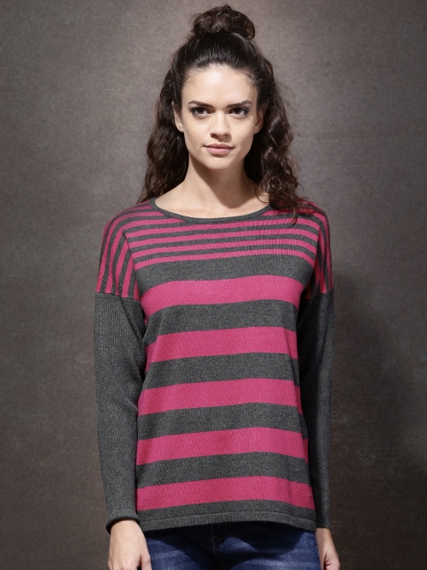 

Roadster Women Pink & Charcoal Grey Striped Sweater