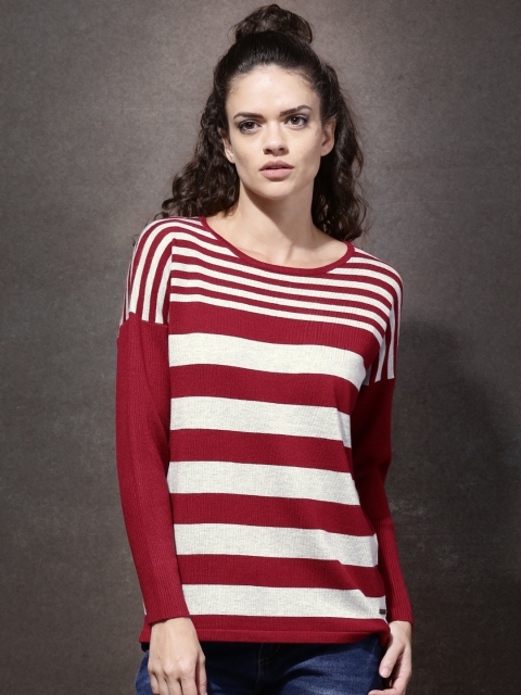 

Roadster Women Red & Grey Melange Striped Sweater
