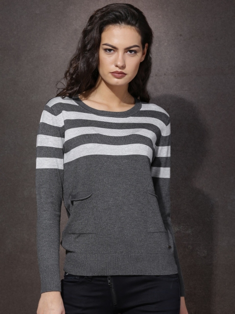 

Roadster Women Grey Striped Sweater