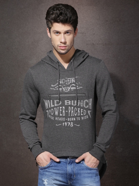 

Roadster Grey Melange Printed Hooded Sweatshirt